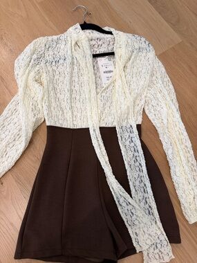 Zara Ivory Lace Top with Brown High-Waist Romper Bottom